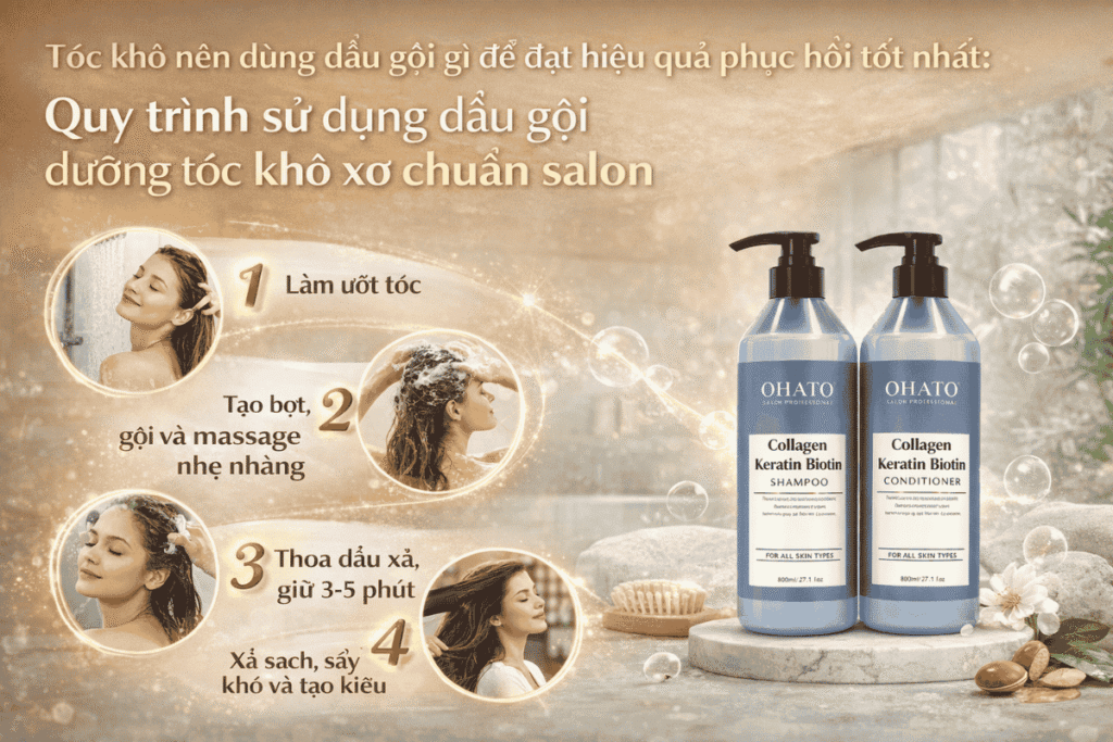 Quy trinh su dung dau goi duong toc kho xo chuan salon
